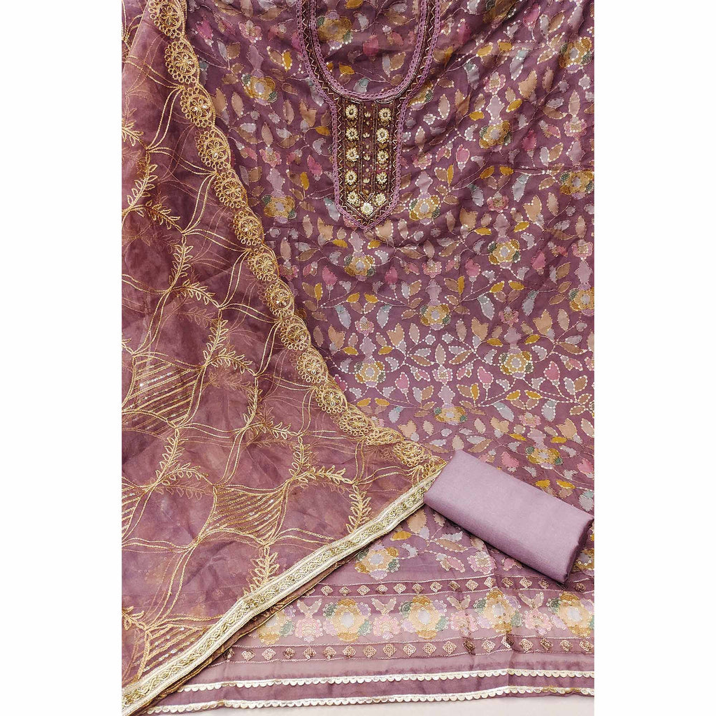 Mauve Floral Sequins Embroidery Organza Dress Material