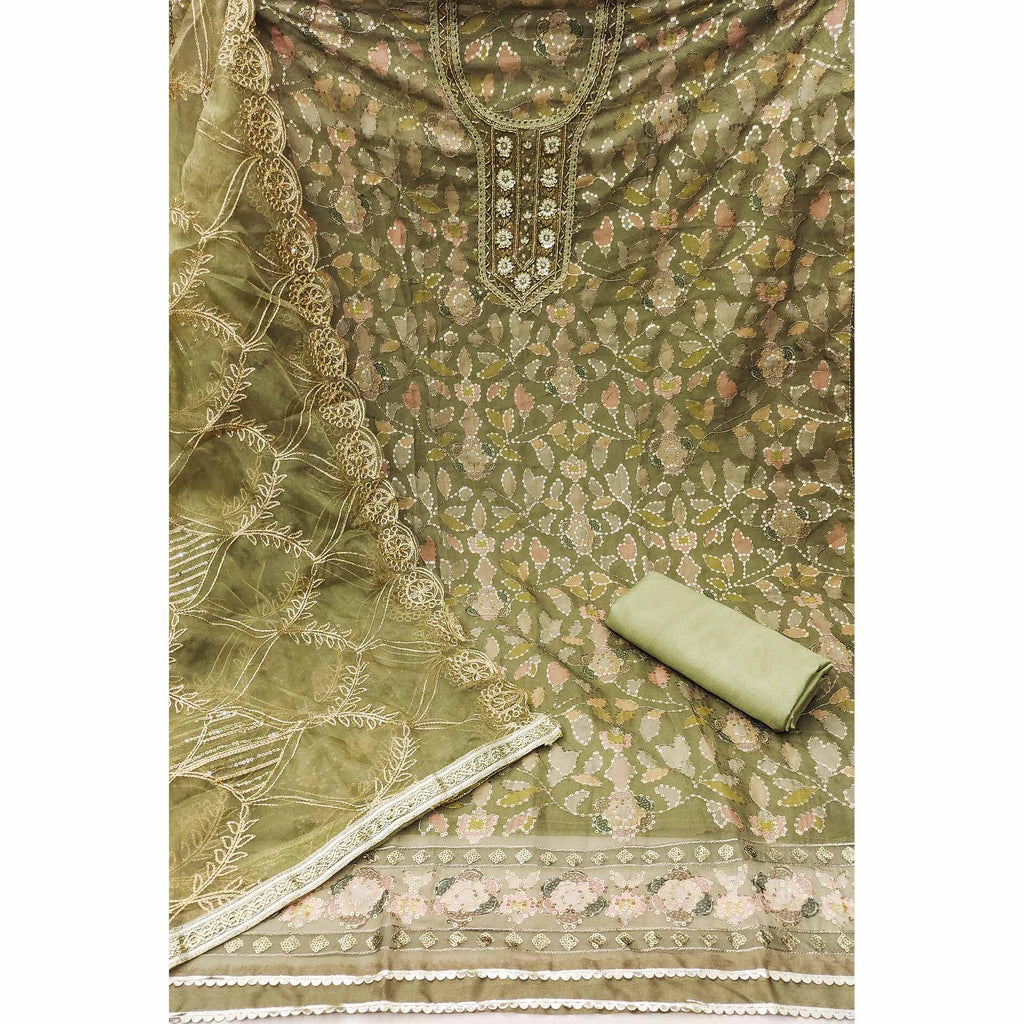 Mehendi Green Floral Sequins Embroidery Organza Dress Material