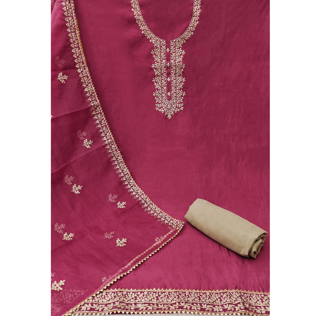 Pink Sequins Embroidered Cotton Silk Dress Material