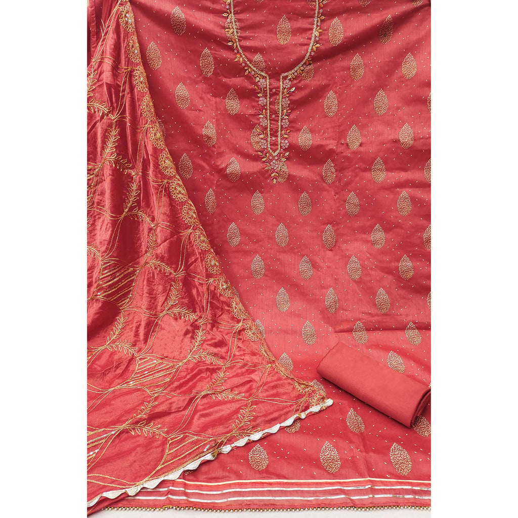 Peach Printed With Hand Embroidered Chanderi Silk Dress Material