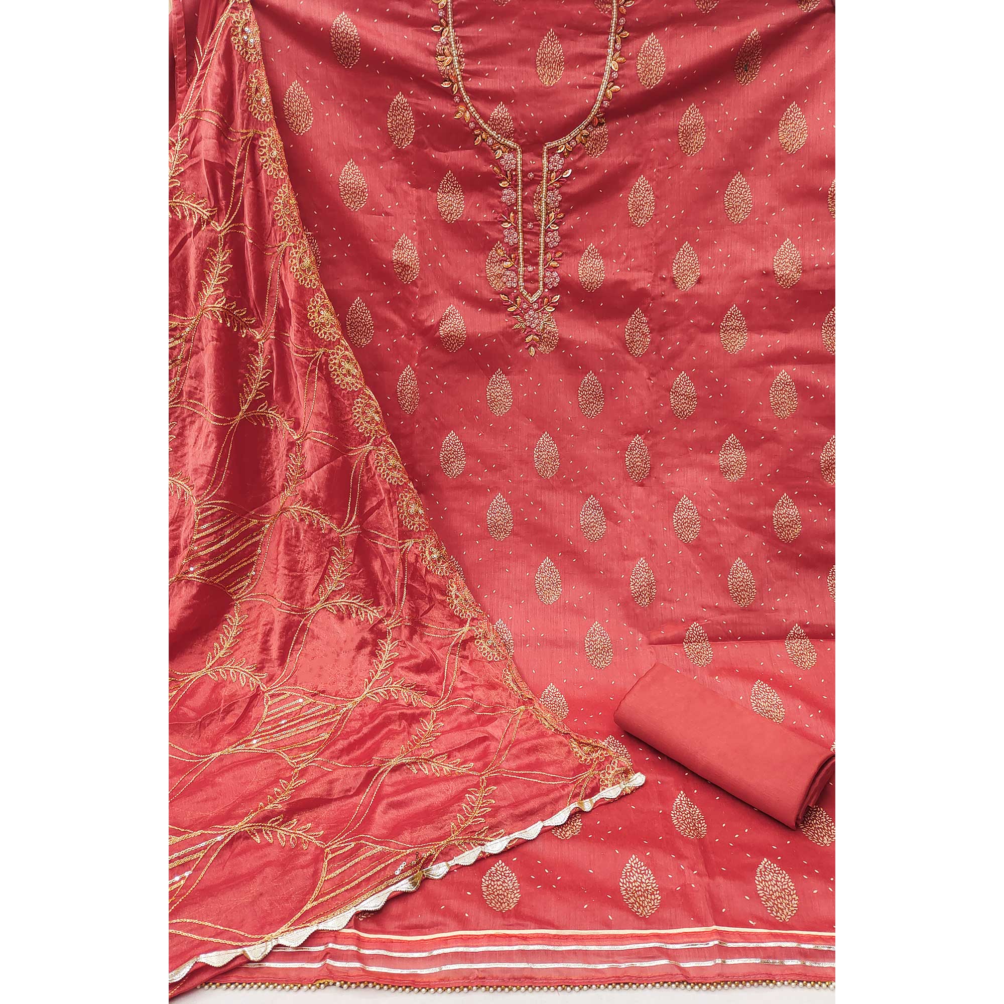 Peach Printed With Hand Embroidered Chanderi Silk Dress Material