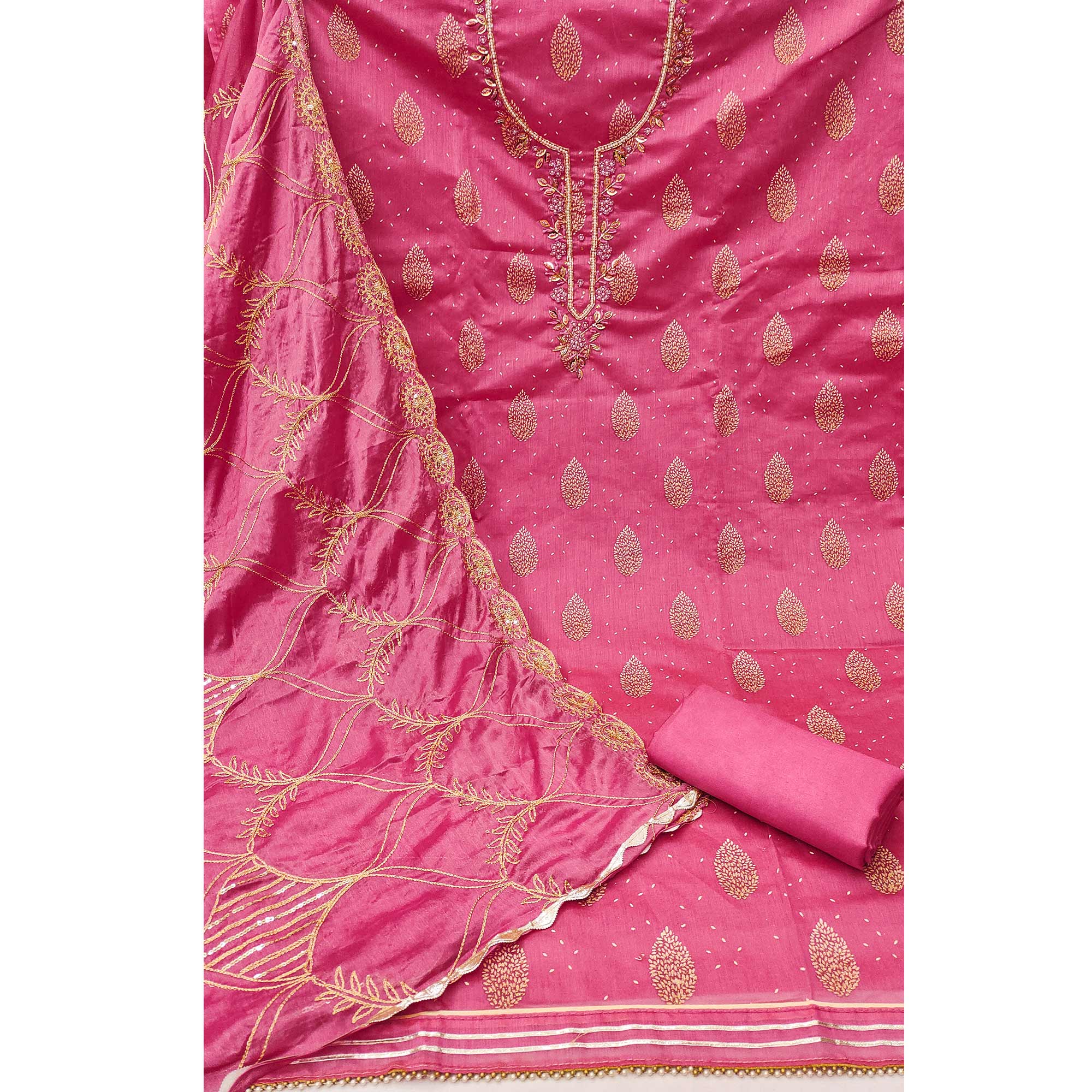 Pink Printed With Hand Embroidered Chanderi Silk Dress Material