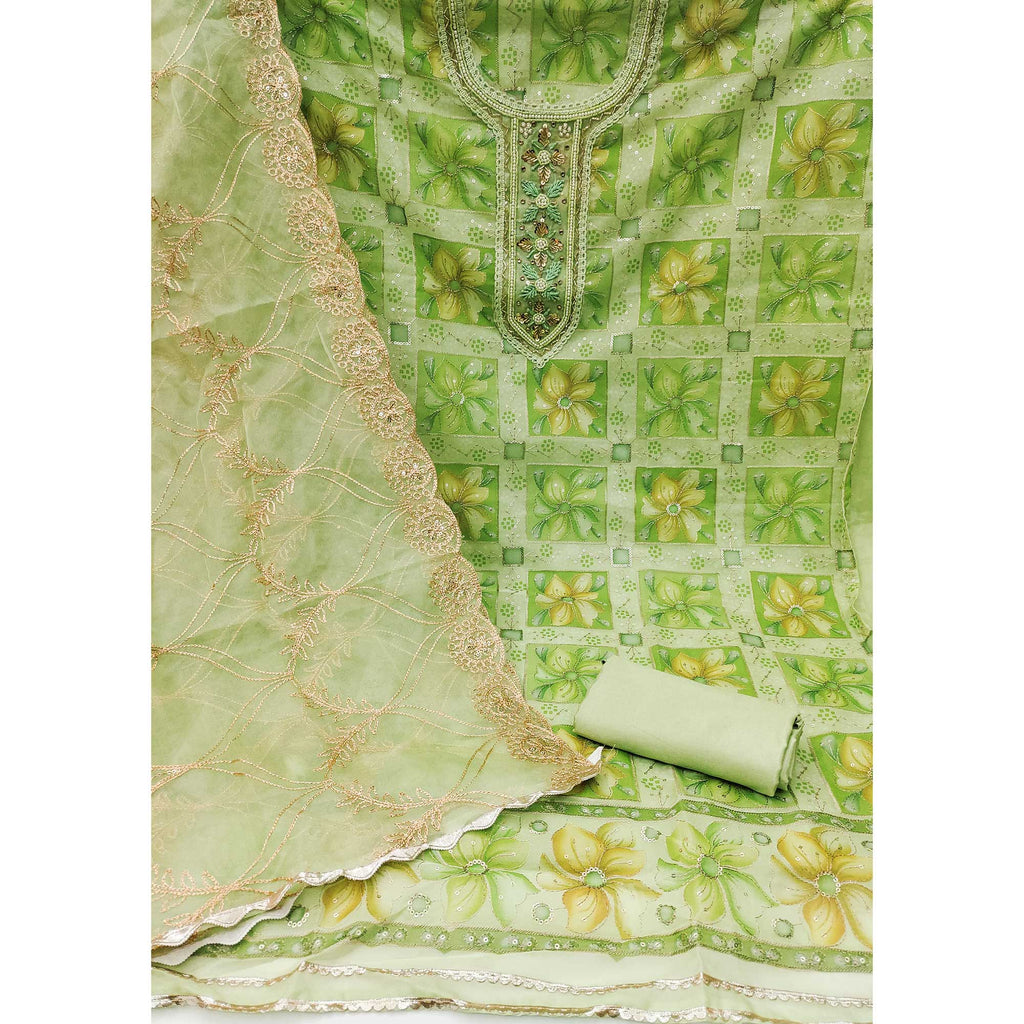 Green Floral Print With Sequins Hand Embroidered Organza Dress Material