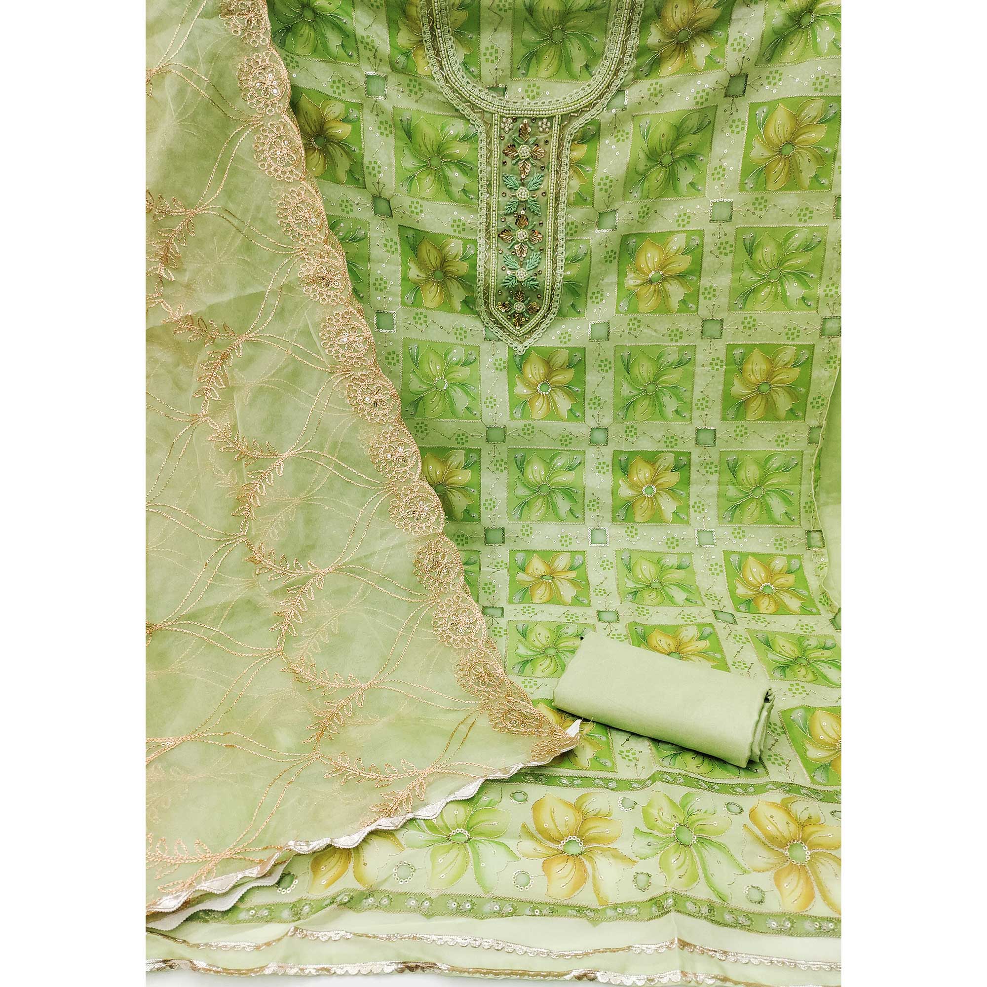 Green Floral Print With Sequins Hand Embroidered Organza Dress Material
