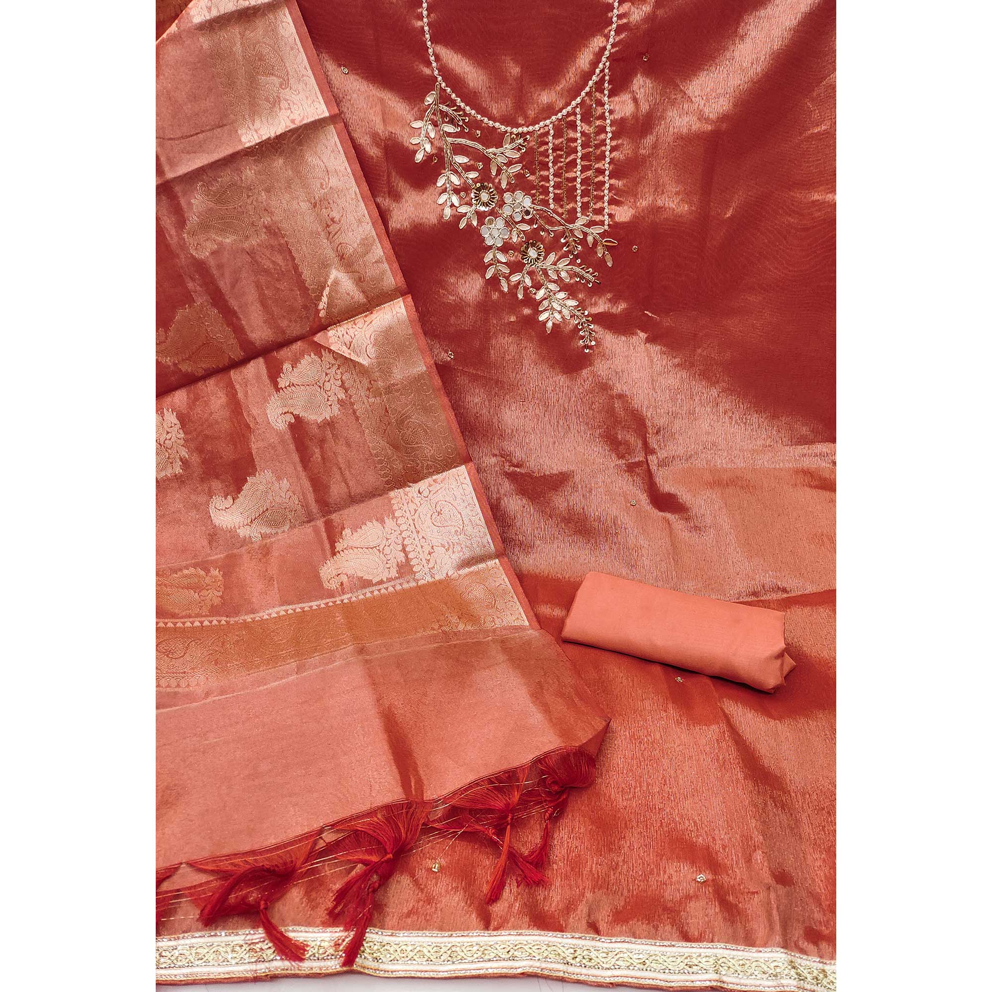 Dark Peach Floral Moti With Gota Patti Handwork Viscose Dress Material