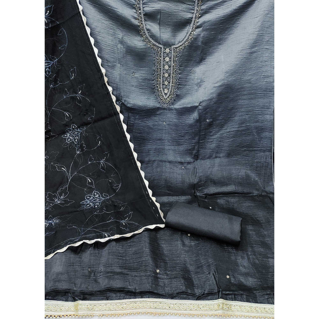 Grey Floral Handwork Viscose Dress Material