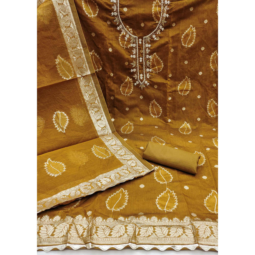 Dark Mustard Floral Woven With Handwork Chanderi Banarasi Dress Material