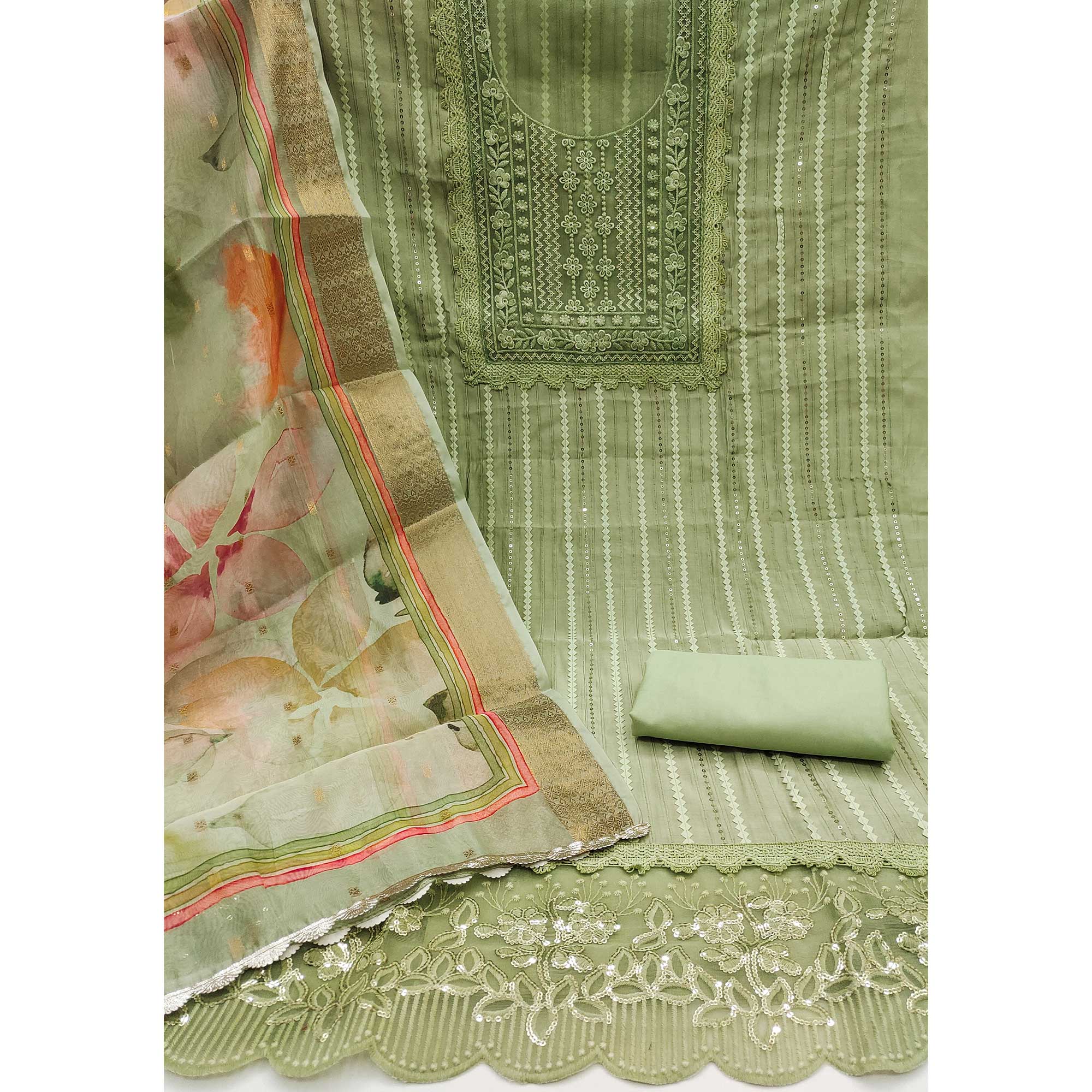 Green Floral Sequins Embroidered Cotton Silk Dress Material