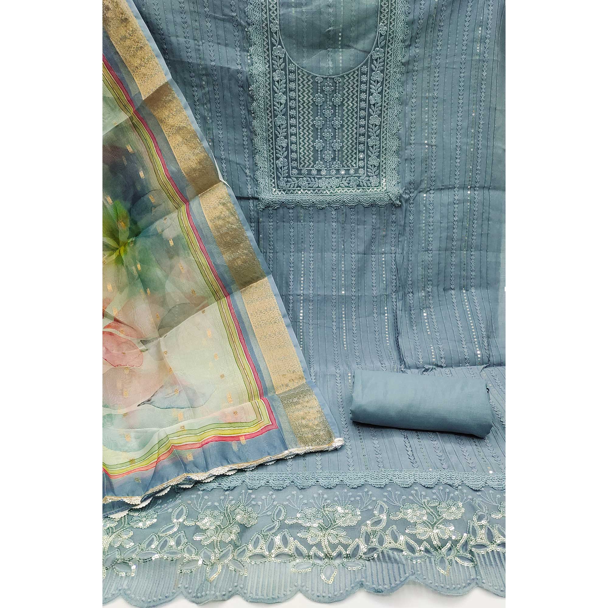 Grey Floral Sequins Embroidered Cotton Silk Dress Material