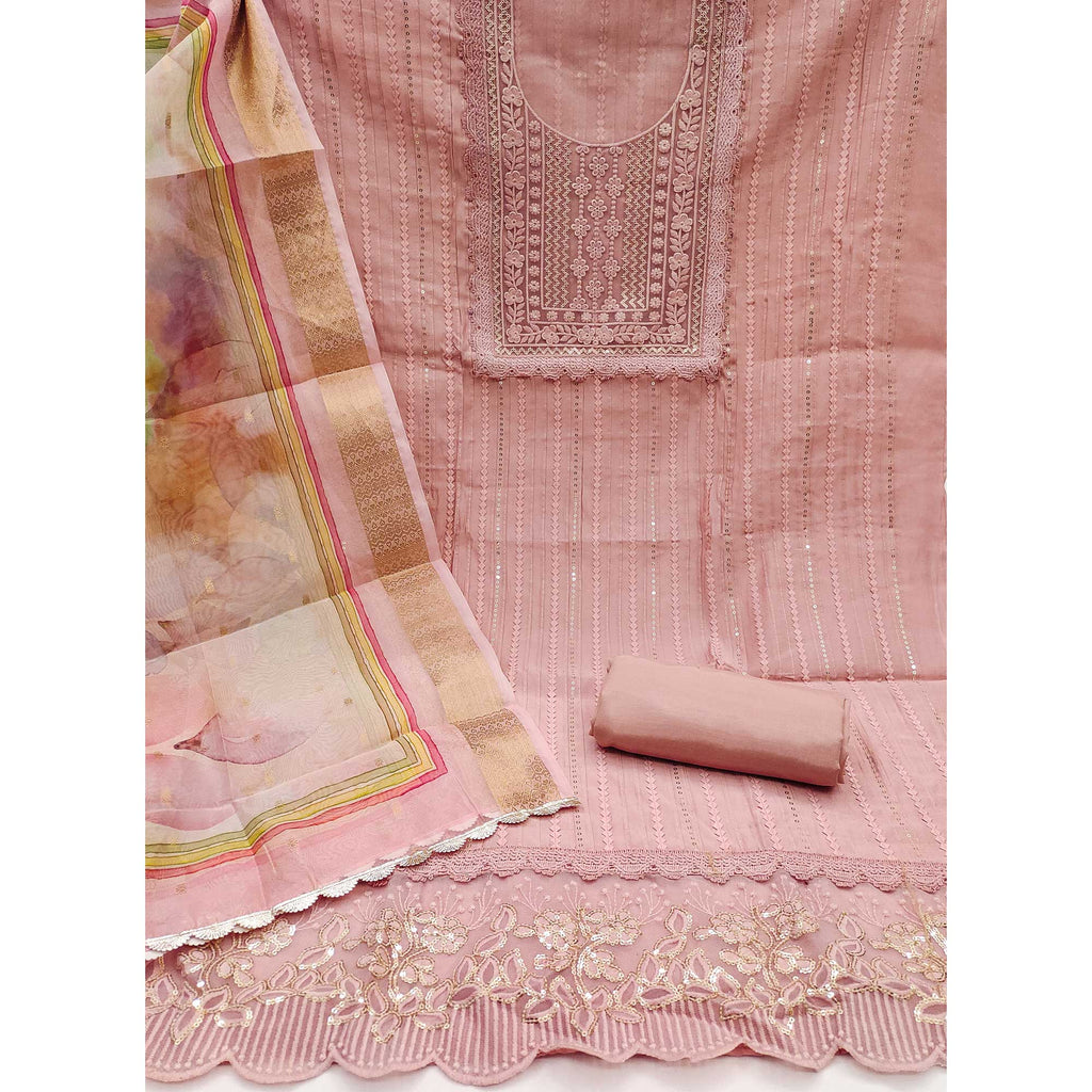 Peach Floral Sequins Embroidered Cotton Silk Dress Material