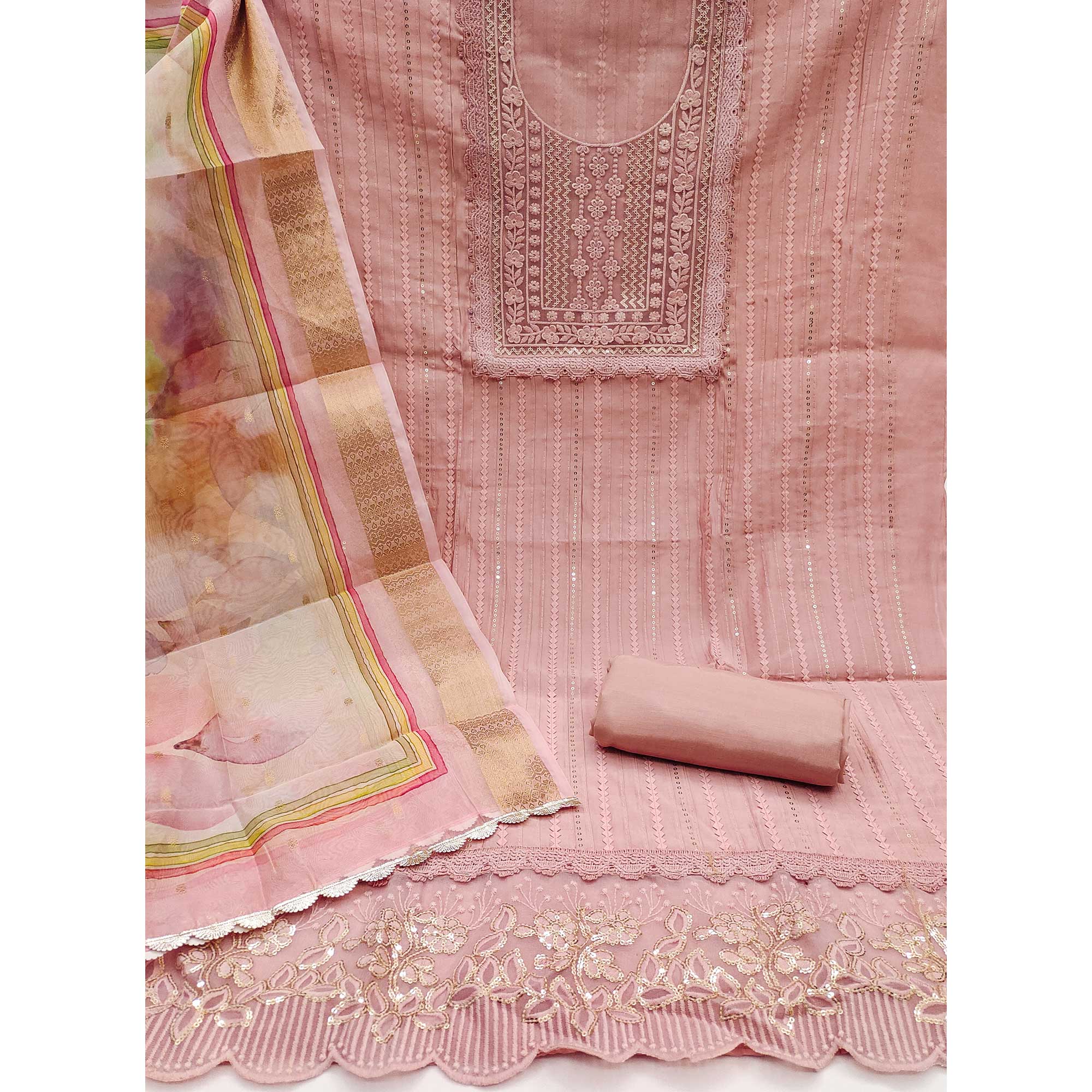 Peach Floral Sequins Embroidered Cotton Silk Dress Material