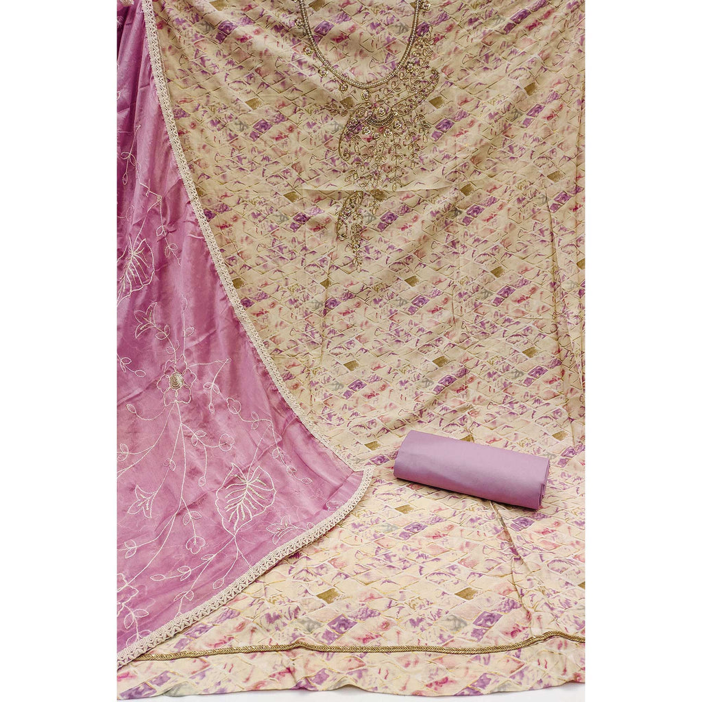 Cream & Purple Printed With Handwork Pure Cotton Dress Material