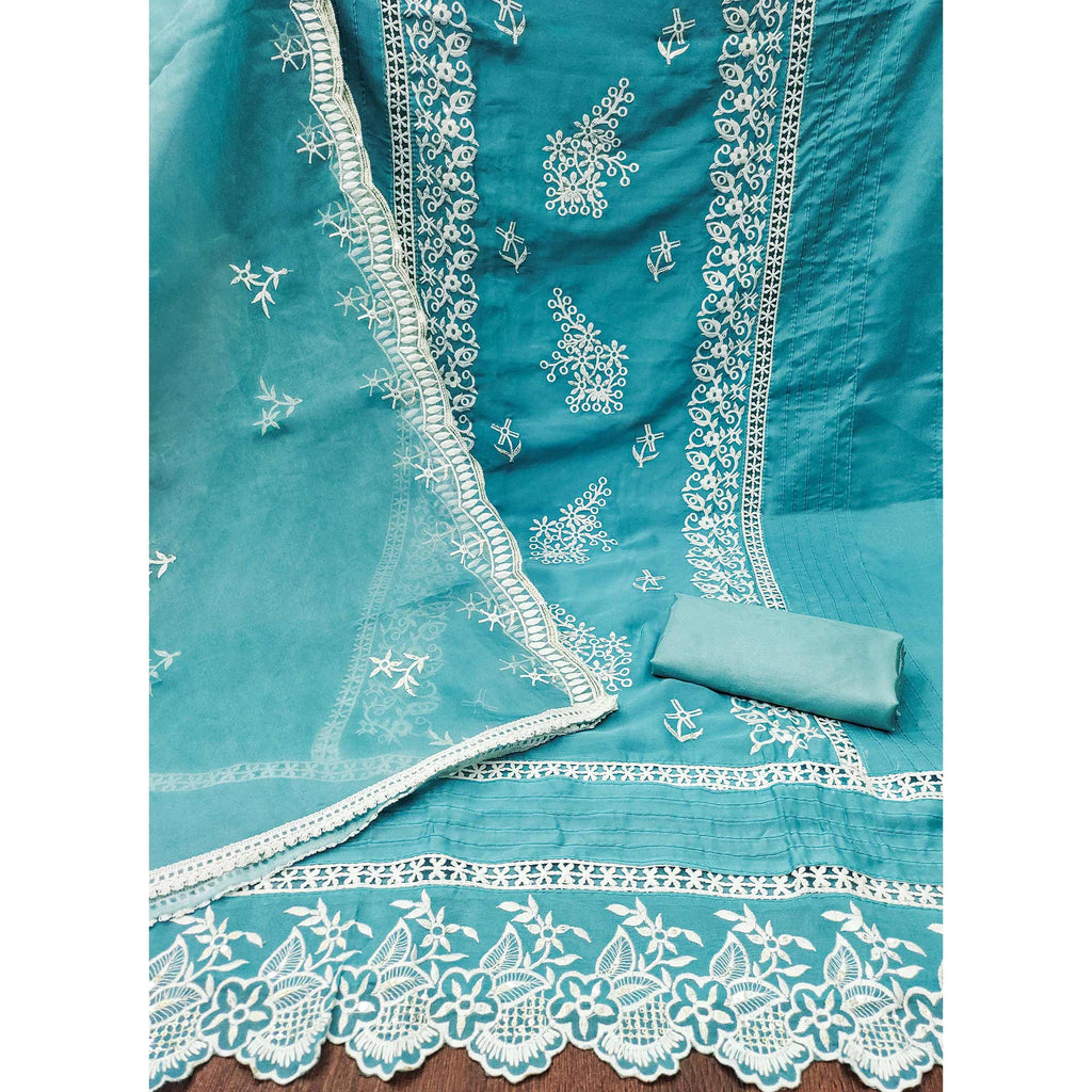 Blue Floral Sequins Embroidered Organza Dress Material