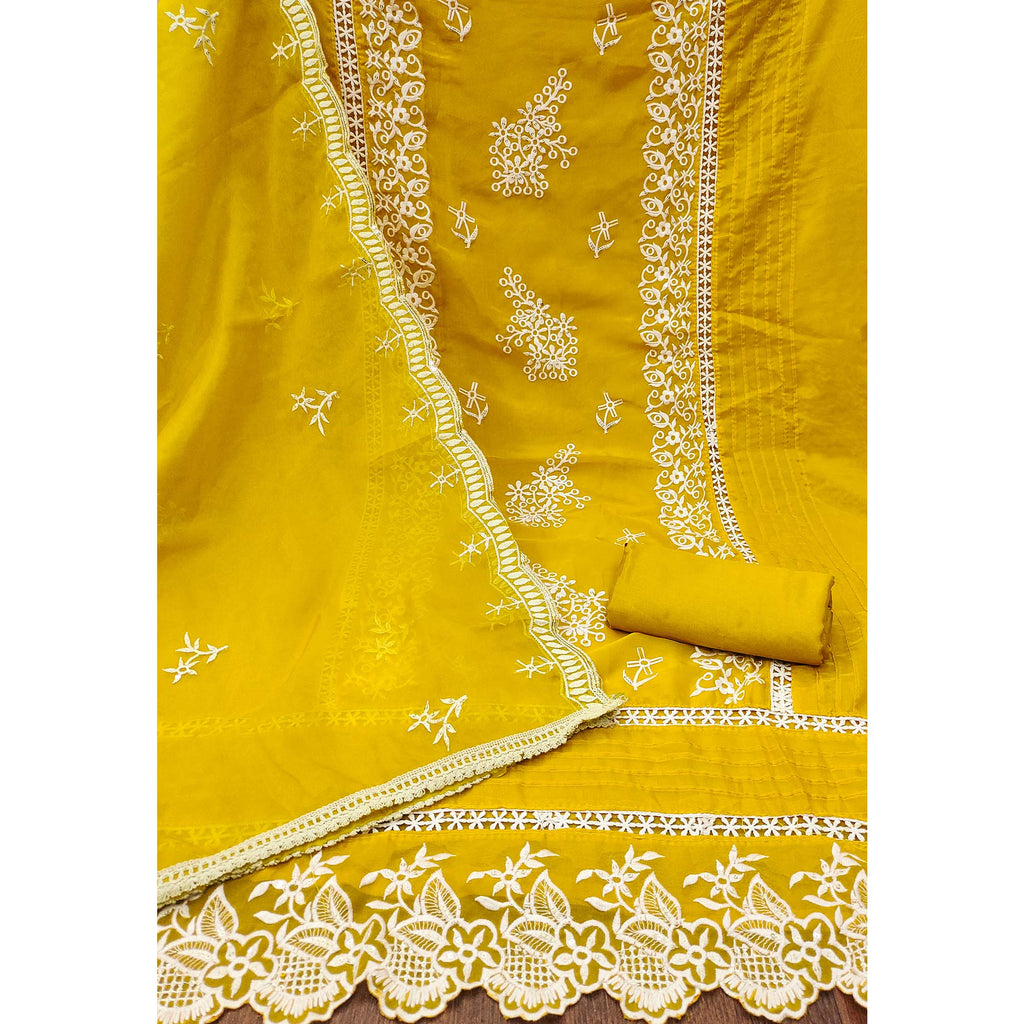 Mustard Floral Sequins Embroidered Organza Dress Material