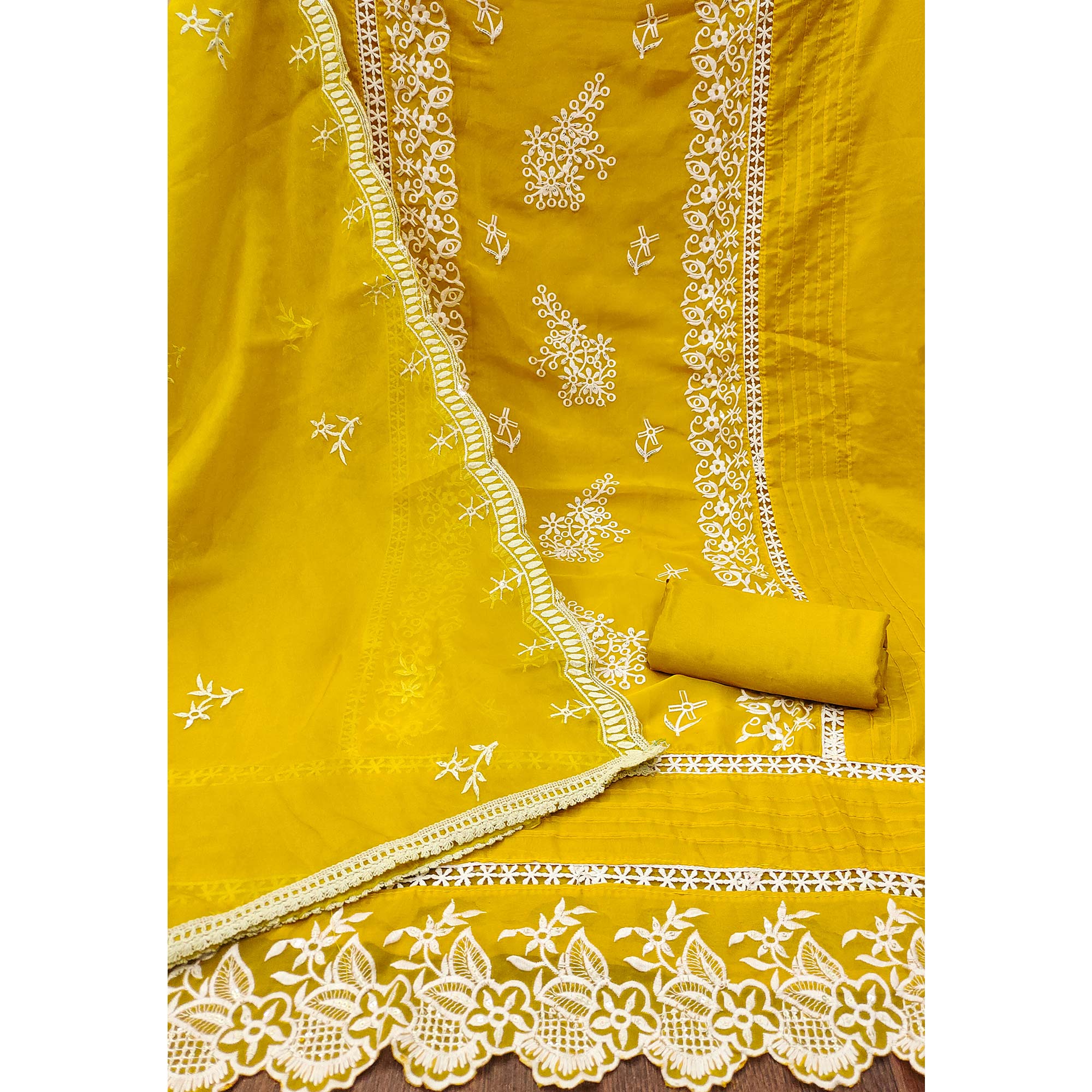 Mustard Floral Sequins Embroidered Organza Dress Material