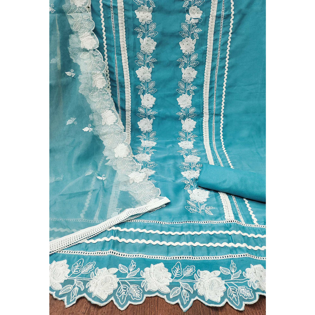 Blue Floral Embroidery With Stonework Organza Dress Material