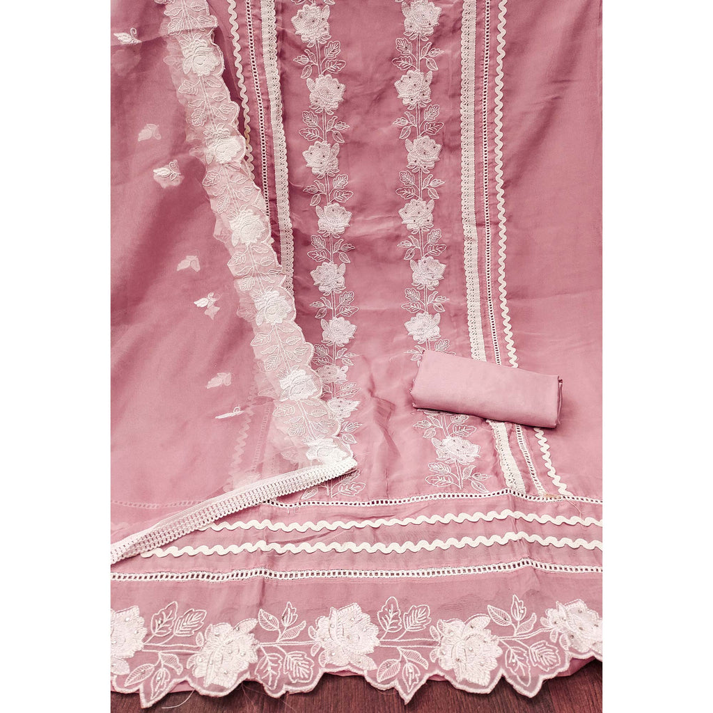 Onion Pink Floral Embroidery With Stonework Organza Dress Material