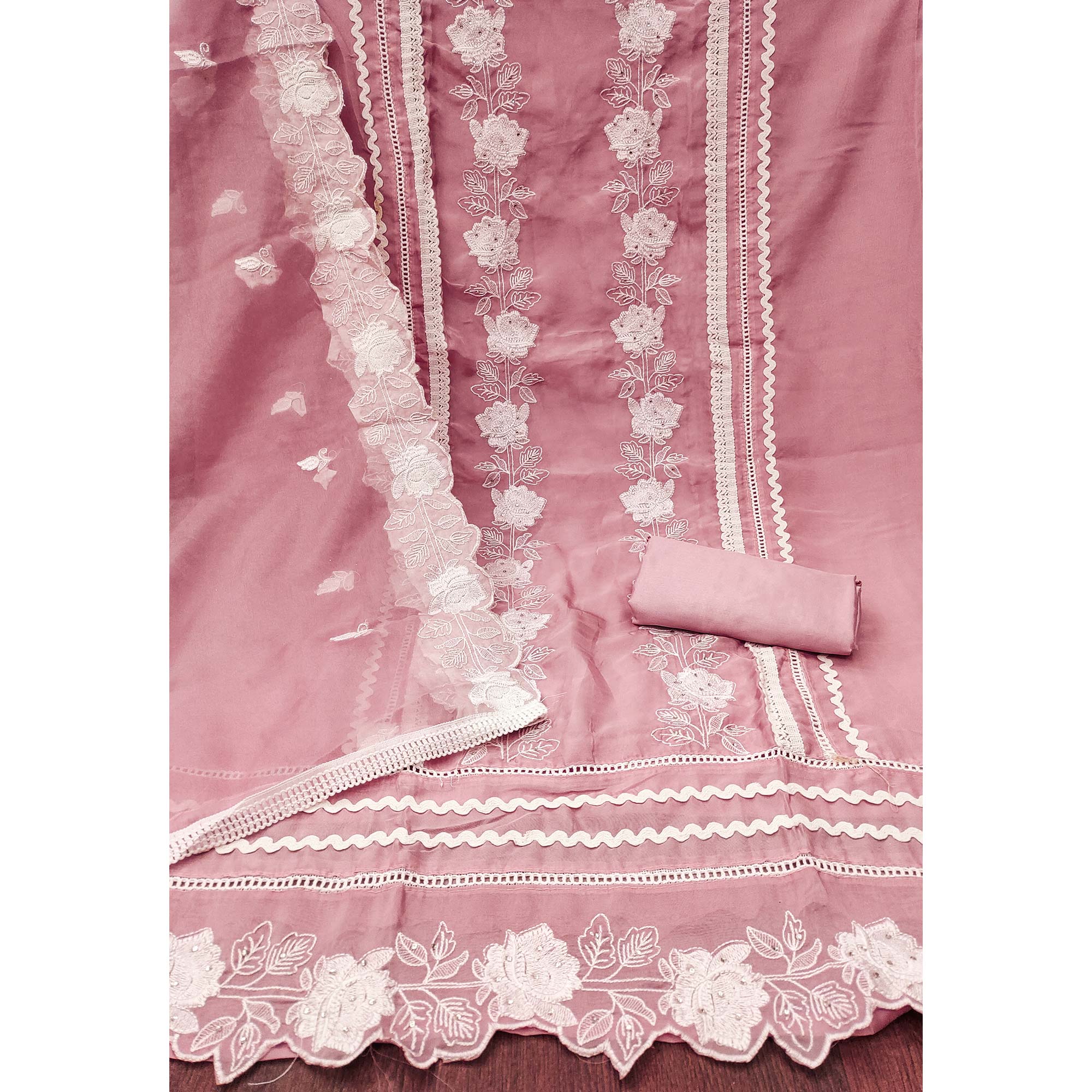 Onion Pink Floral Embroidery With Stonework Organza Dress Material