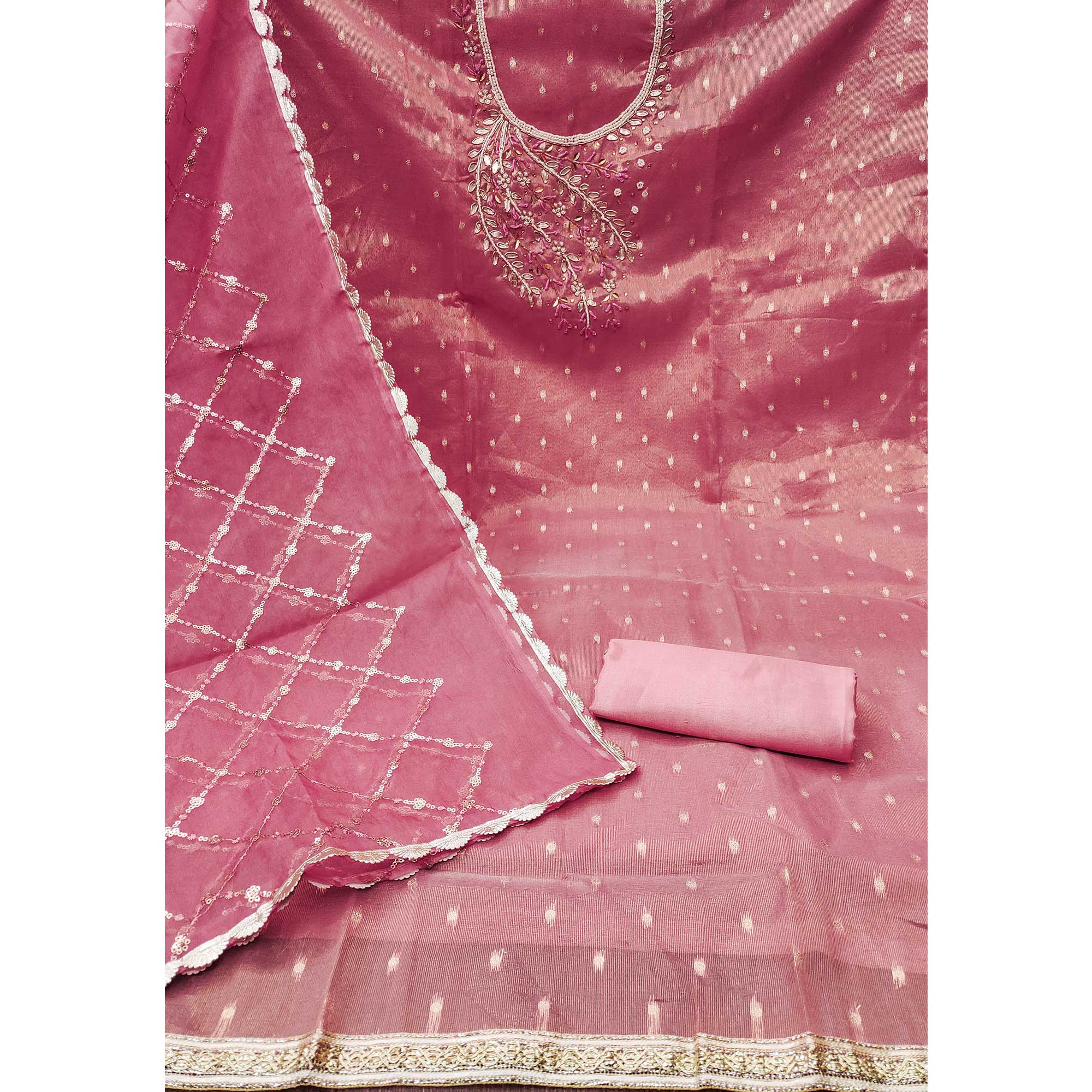 Gajari Pink Woven With Handwork Shimmer Banarasi Silk Material Material