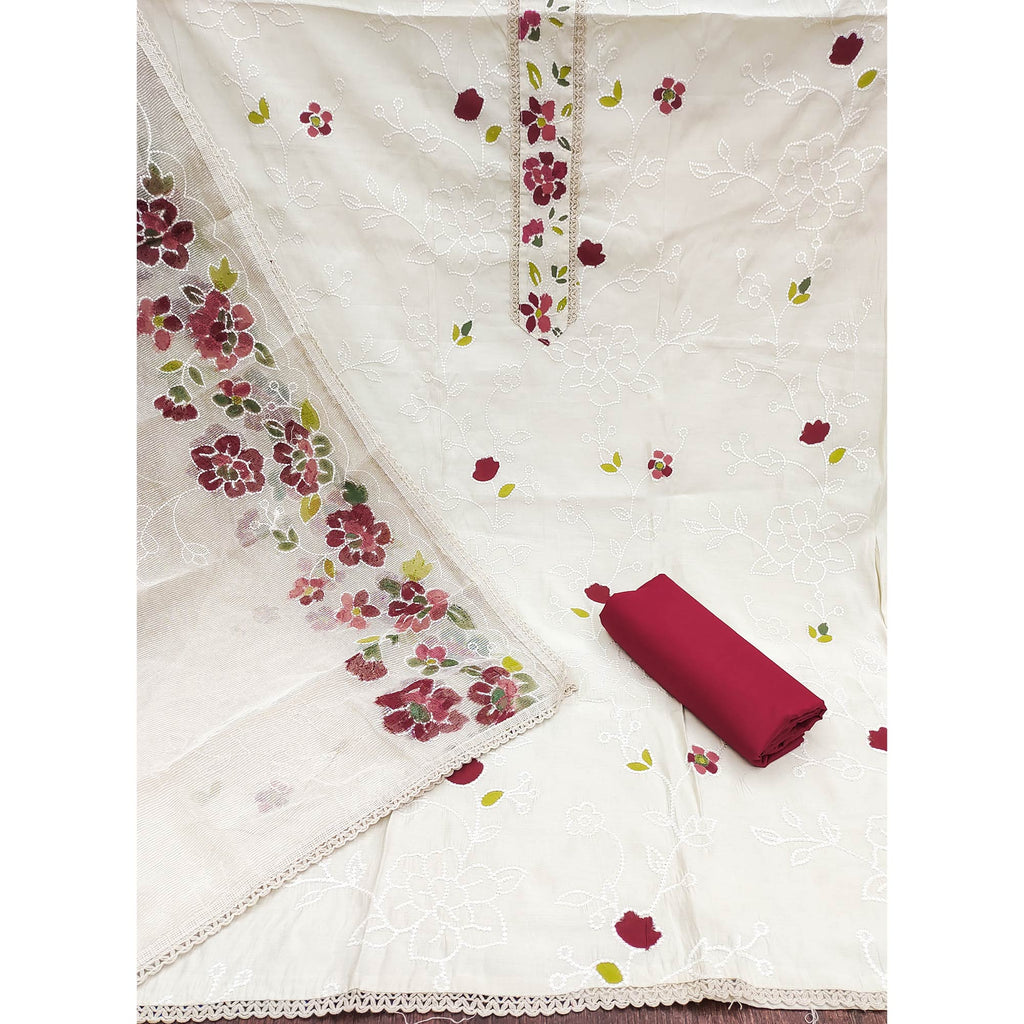 Offwhite & Maroon Floral Embroidery With Printed Roman Cotton Silk Material Material