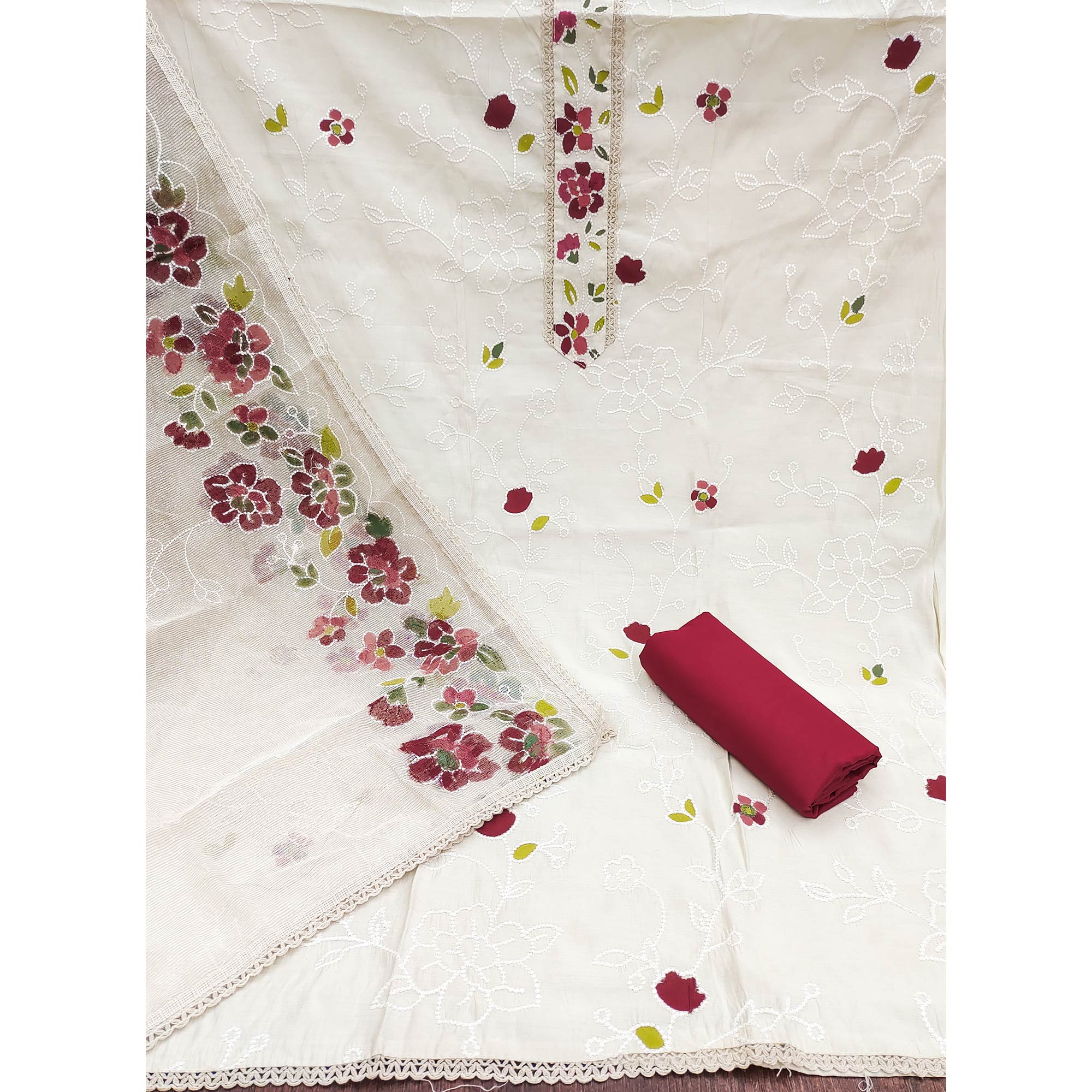 Offwhite & Maroon Floral Embroidery With Printed Roman Cotton Silk Material Material