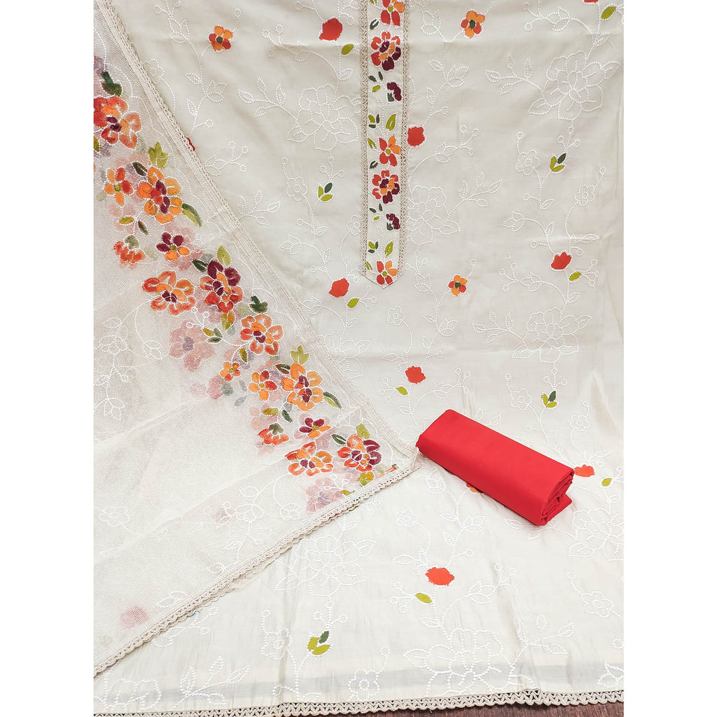 Offwhite & Orange Floral Embroidery With Printed Roman Cotton Silk Material Material