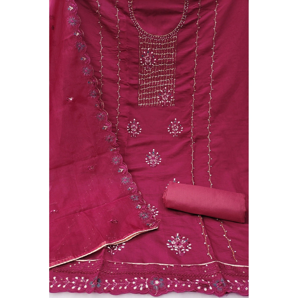 Magenta Floral Embroidery With Stonework Cotton Silk Dress Material