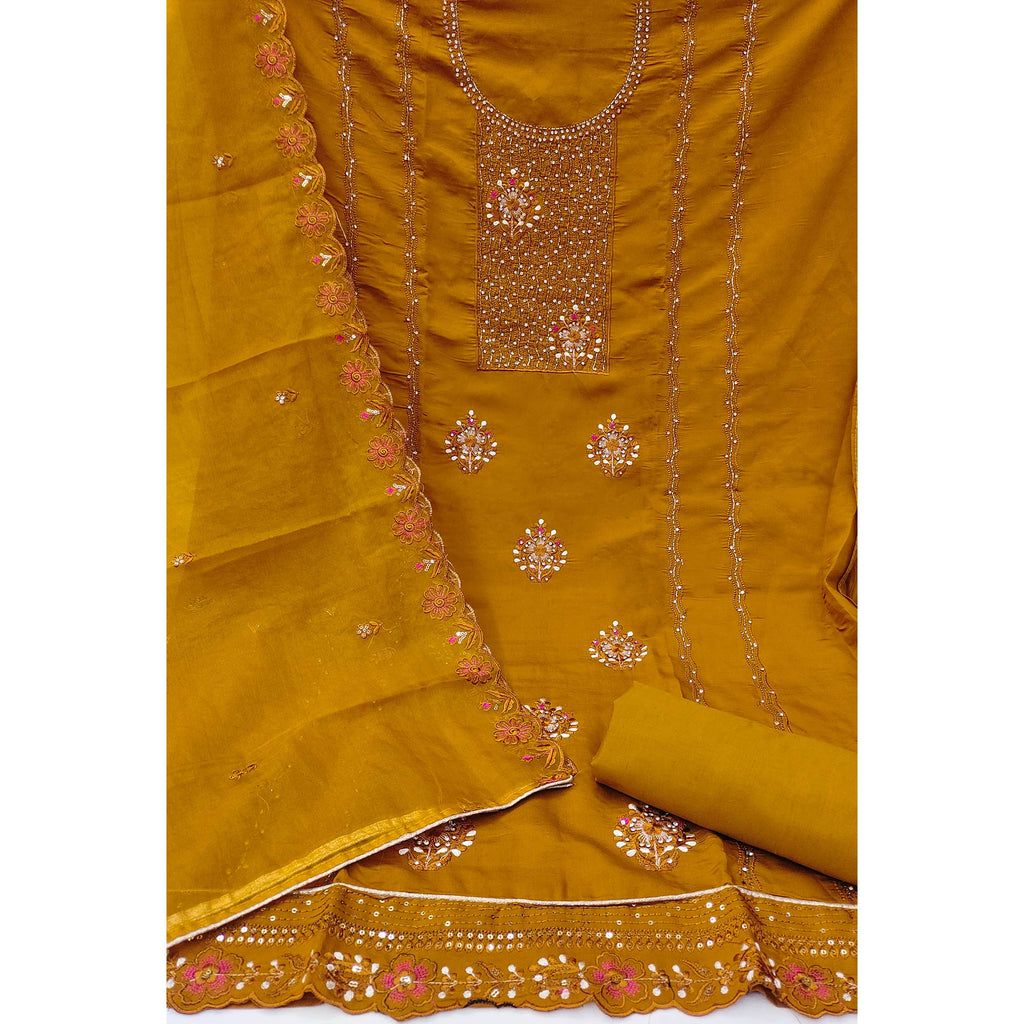 Mustard Floral Embroidery With Stonework Cotton Silk Dress Material