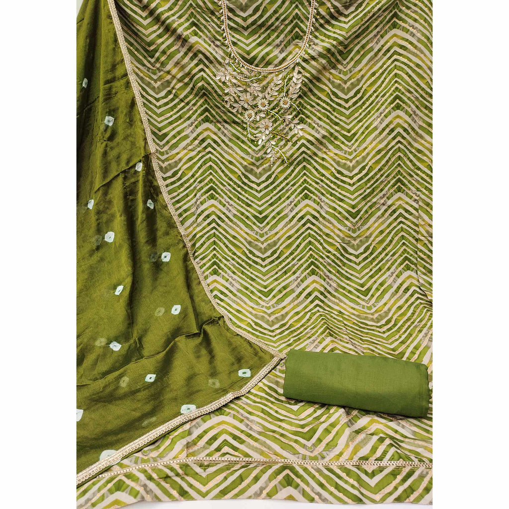 Green Zig Zag Printed With Floral Handwork Roman Cotton Silk Dress Material