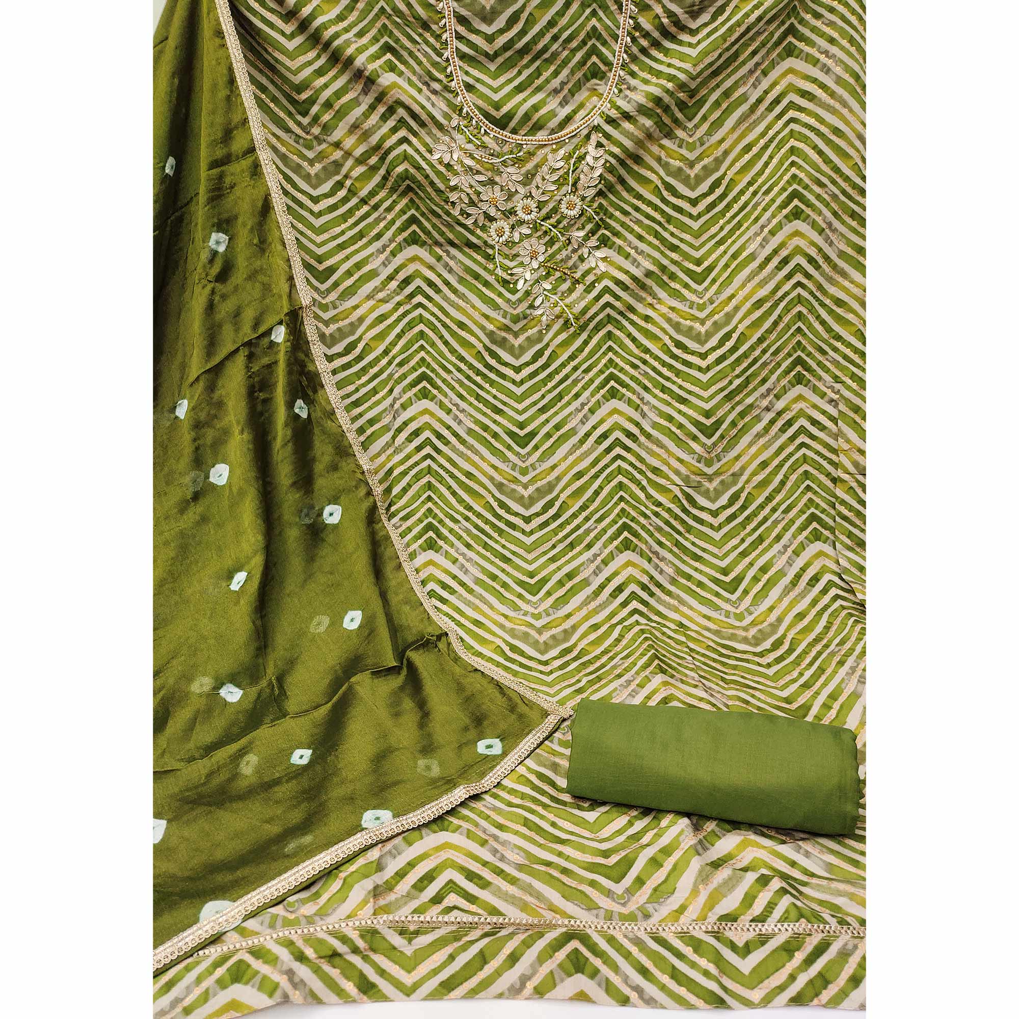 Green Zig Zag Printed With Floral Handwork Roman Cotton Silk Dress Material