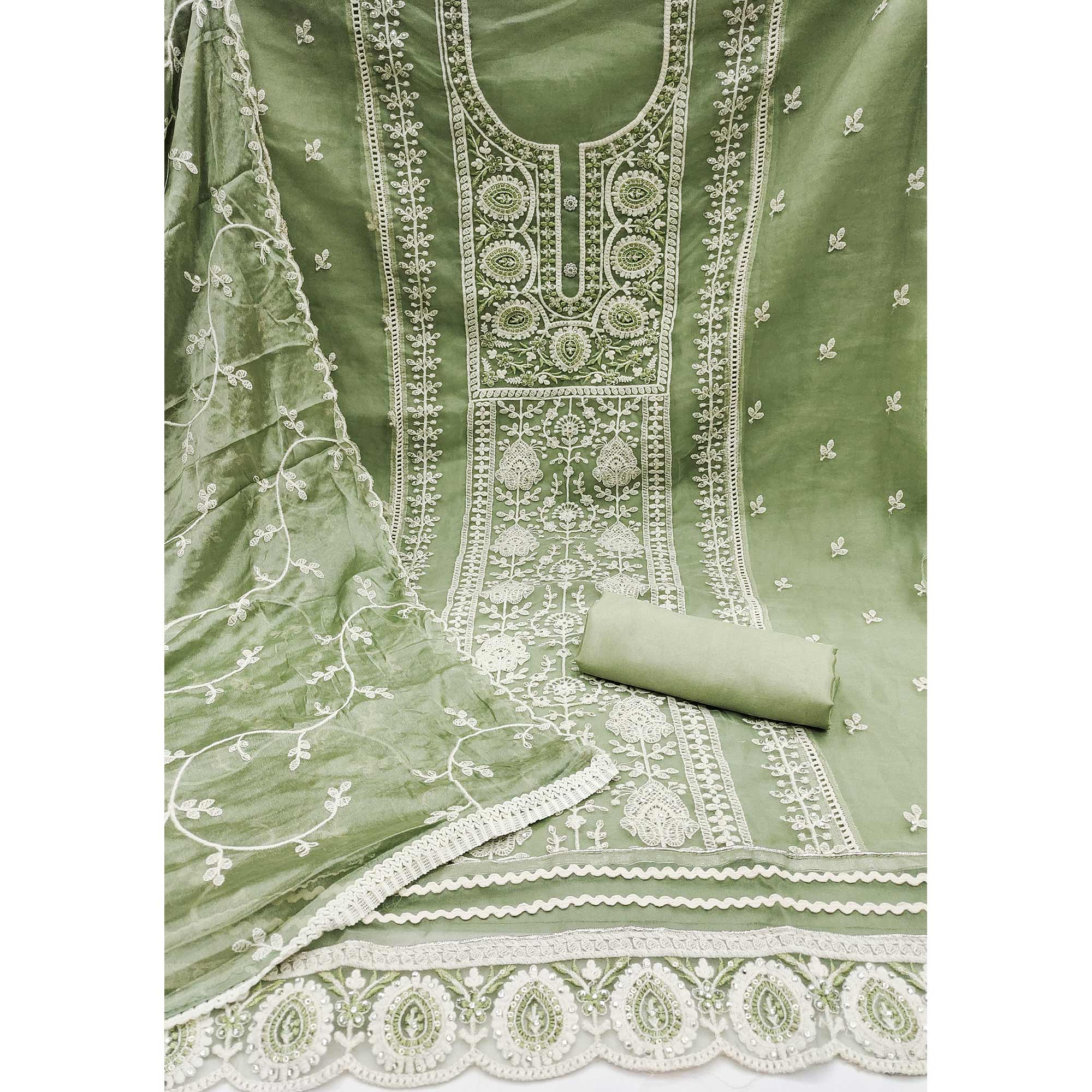 Green Floral Sequins Embroidered Organza Dress Material