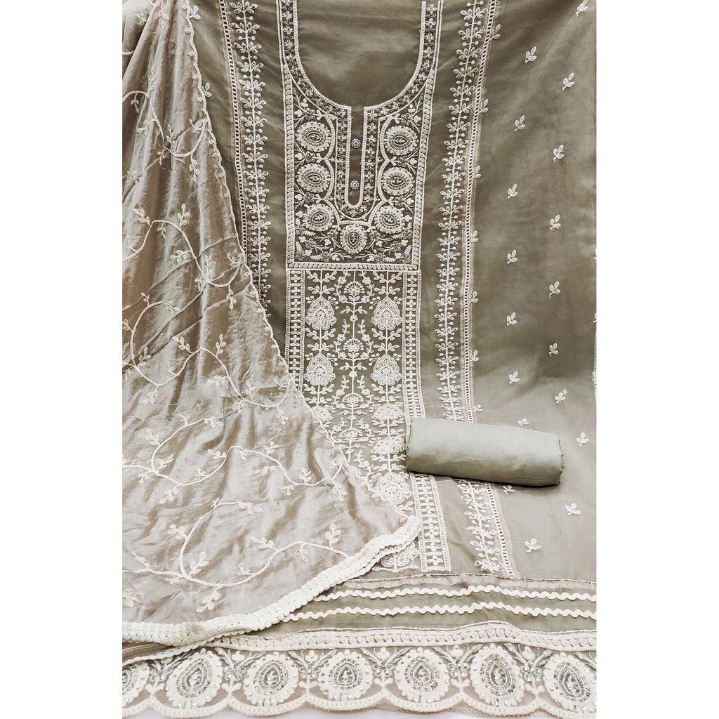 Light Grey Floral Sequins Embroidered Organza Dress Material