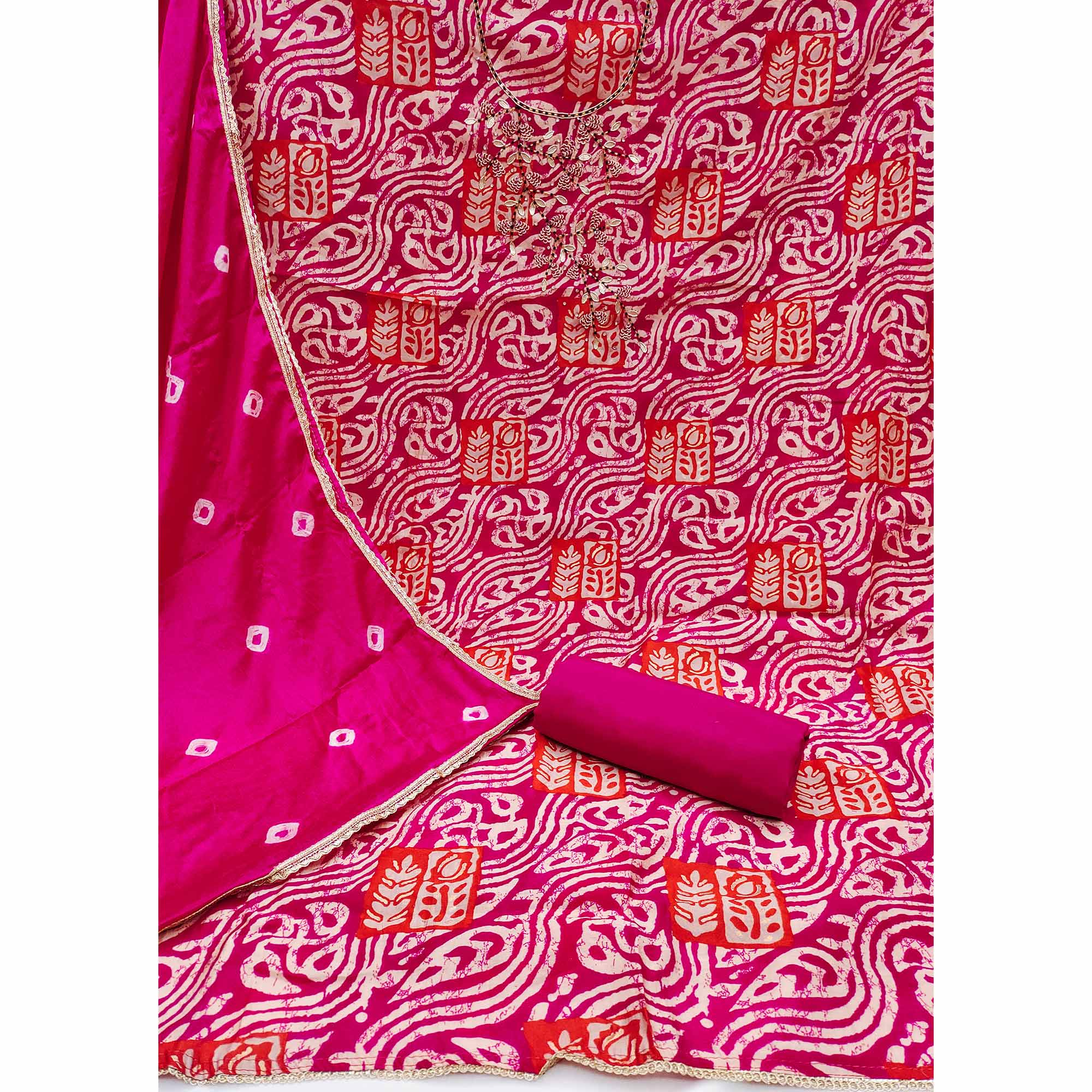 Pink Printed With Handwork Cotton Silk Dress Material