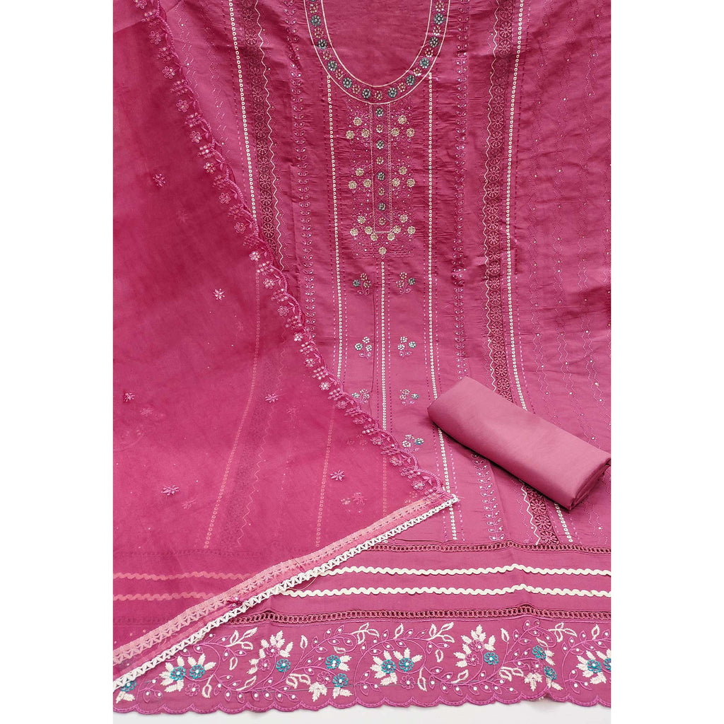 Pink Floral Embroidery With Stonework Roman Cotton Silk Dress Material