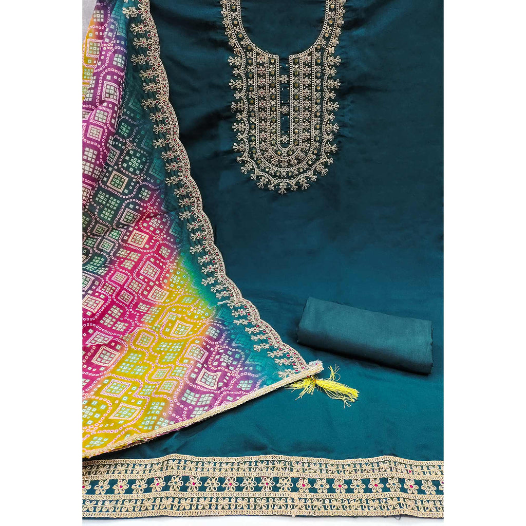 Morpich Floral Embroidery With Stonework Roman Cotton Silk Dress Material