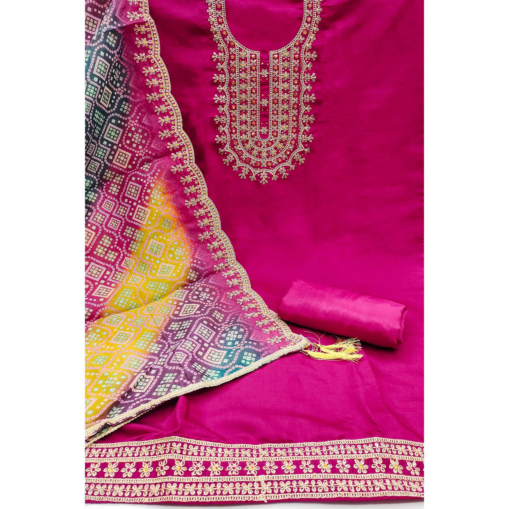 Pink Floral Embroidery With Stonework Roman Cotton Silk Dress Material