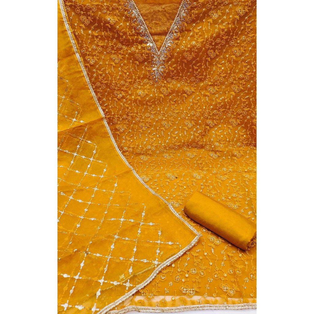 Mustard Floral Sequins Embroidery With Handwork Organza Dress Material