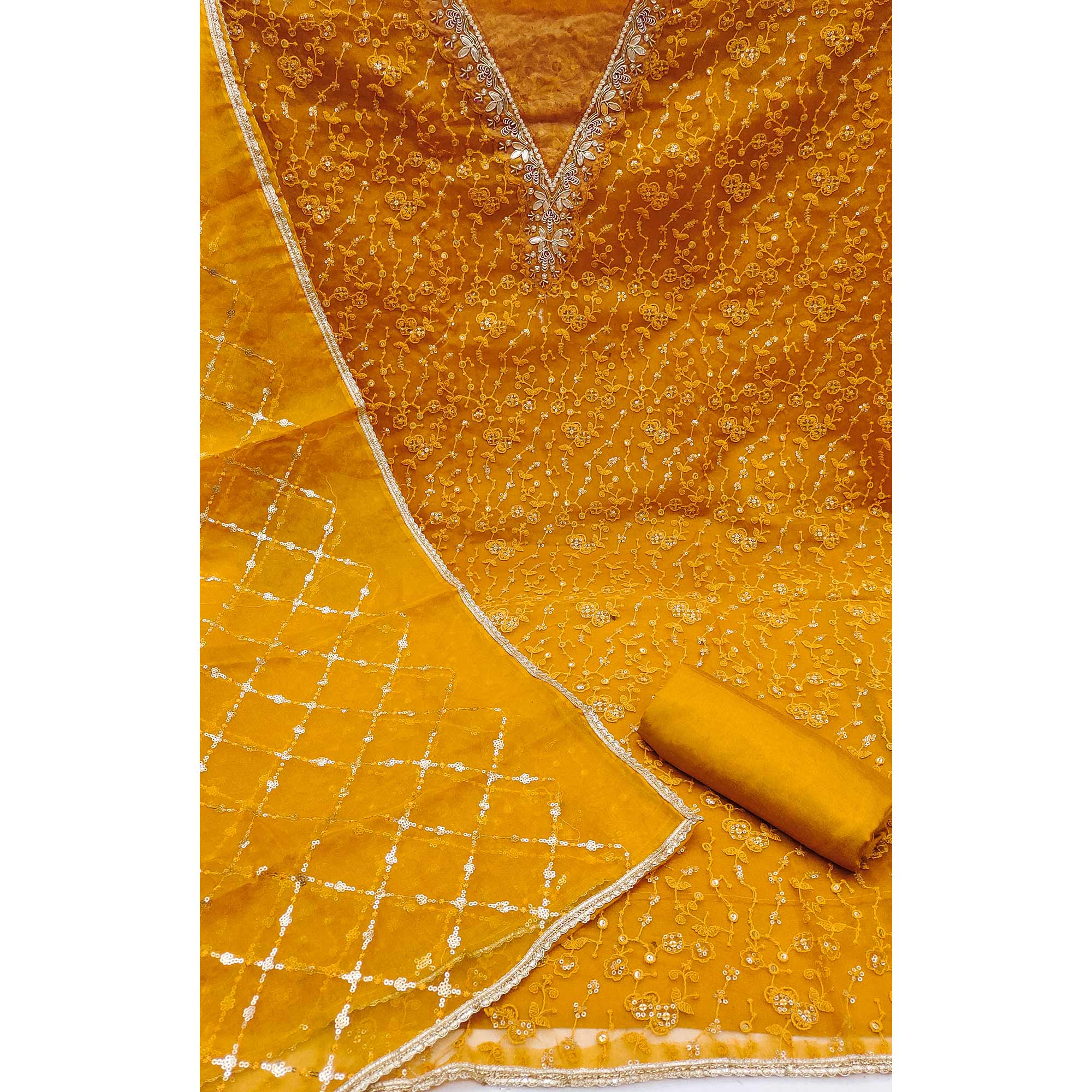 Mustard Floral Sequins Embroidery With Handwork Organza Dress Material