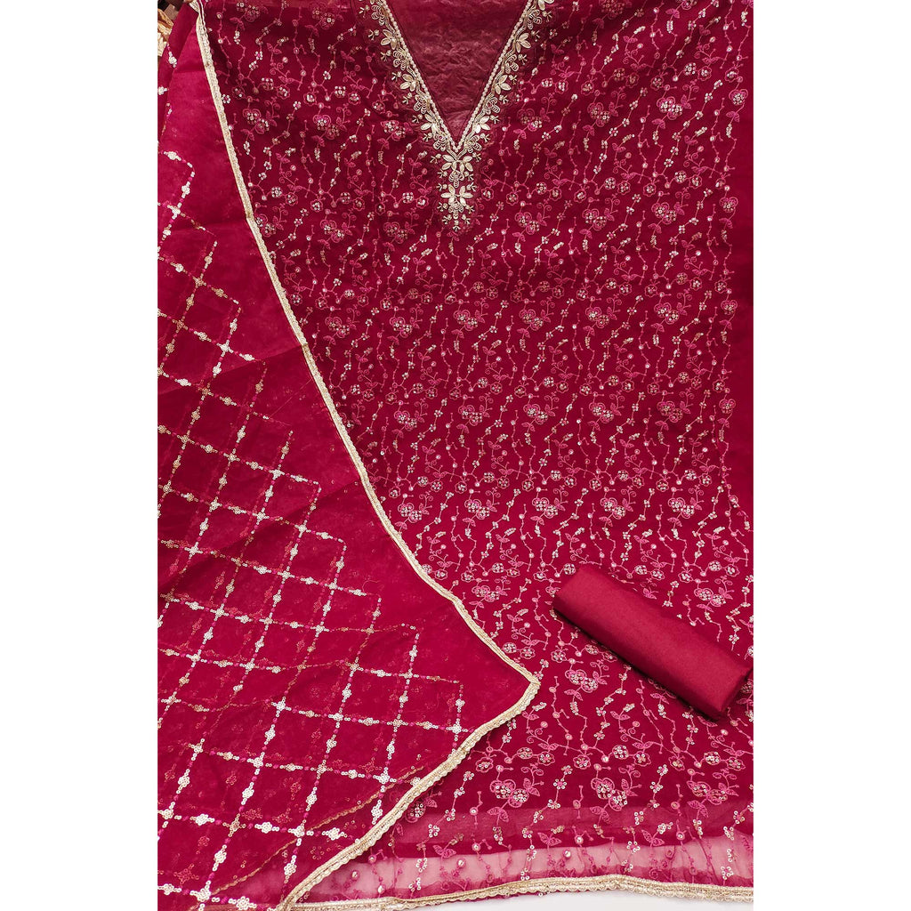 Pink Floral Sequins Embroidery With Handwork Organza Dress Material