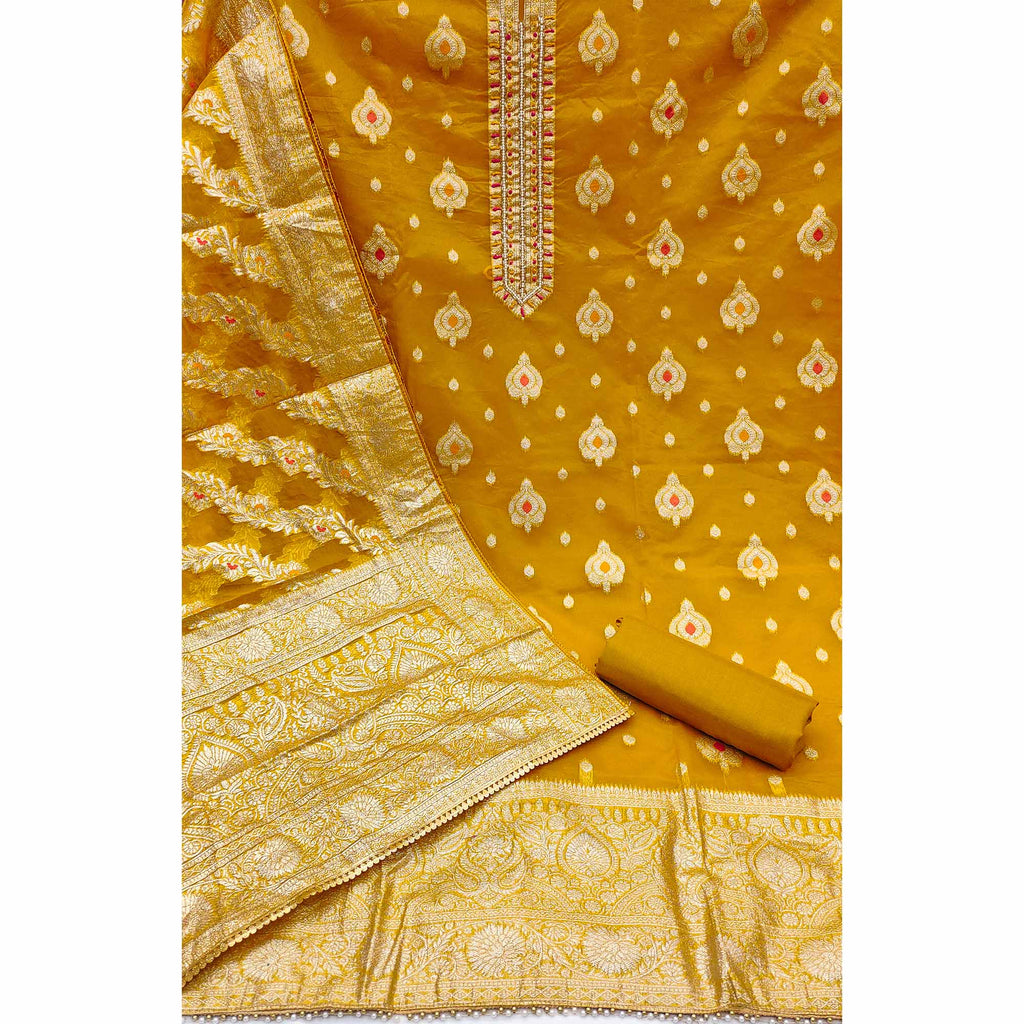 Mustard Woven With Handwork Organza Banarasi Dress Material
