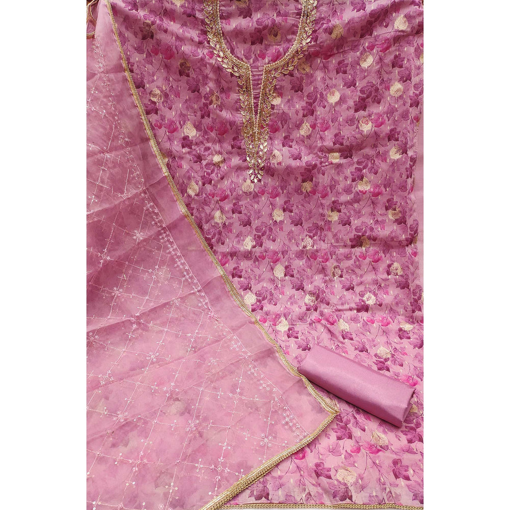 Pink Floral Woven With Handwork Viscose Banarasi Dress Material
