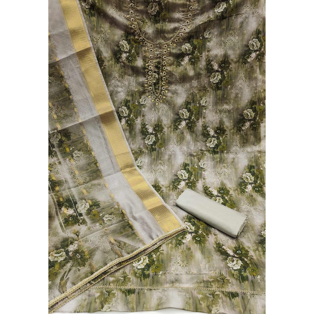 Green Floral Printed With Handwork Muslin Dress Material