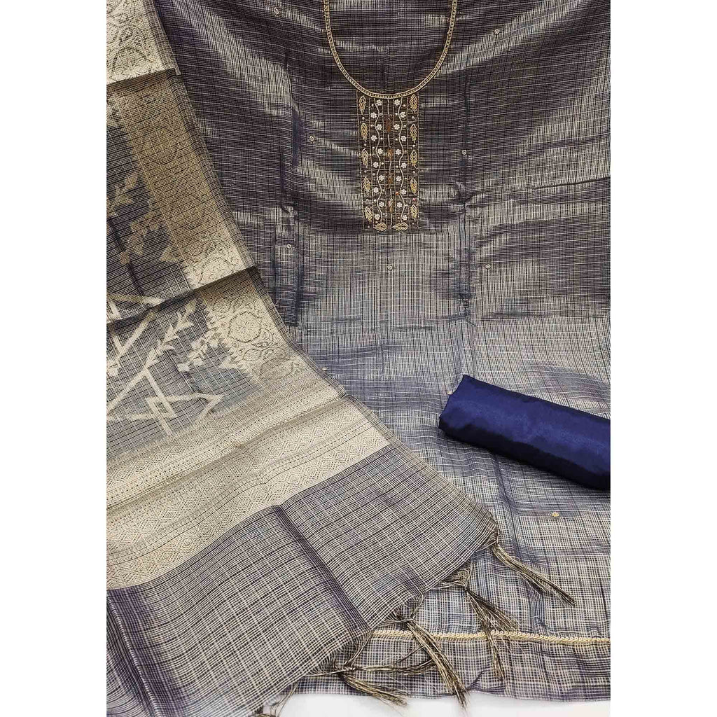 Blue Floral Handwork With Woven Viscose Dress Material