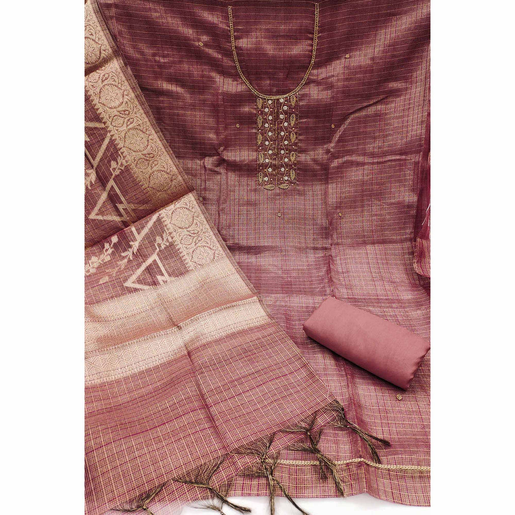 Mauve Floral Handwork With Woven Viscose Dress Material