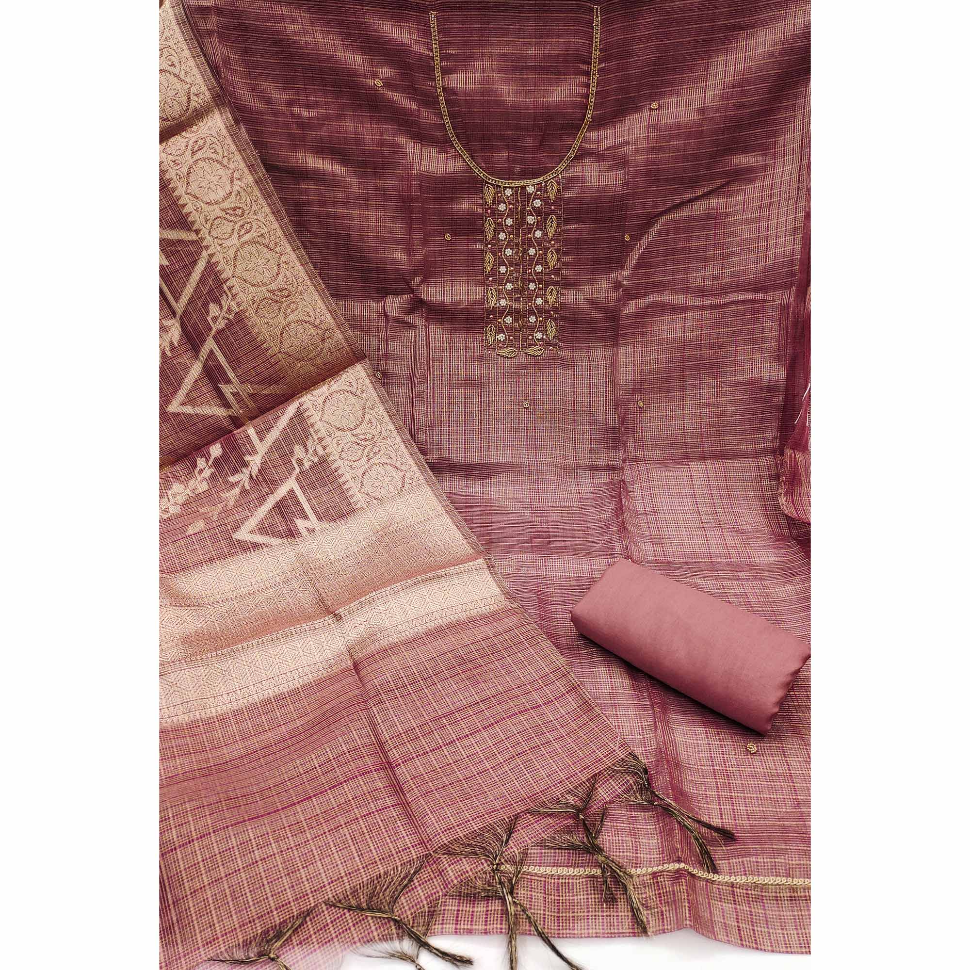Mauve Floral Handwork With Woven Viscose Dress Material