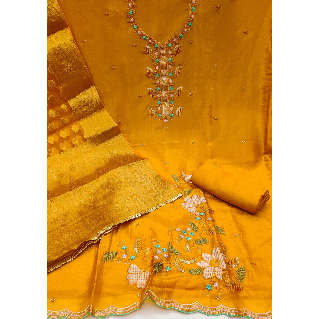 Mustard Floral Sequins Embroidered Viscose Dress Material