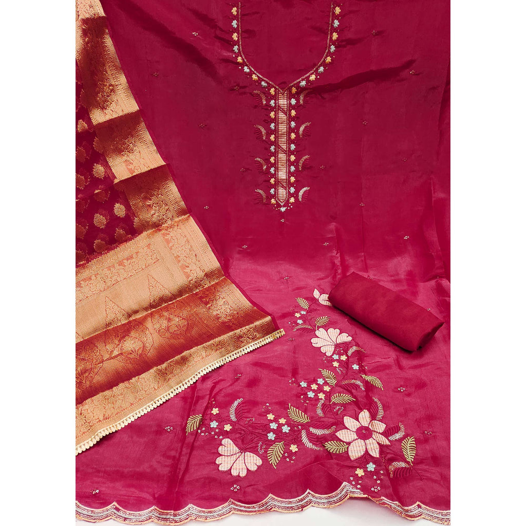 Pink Floral Sequins Embroidered Viscose Dress Material