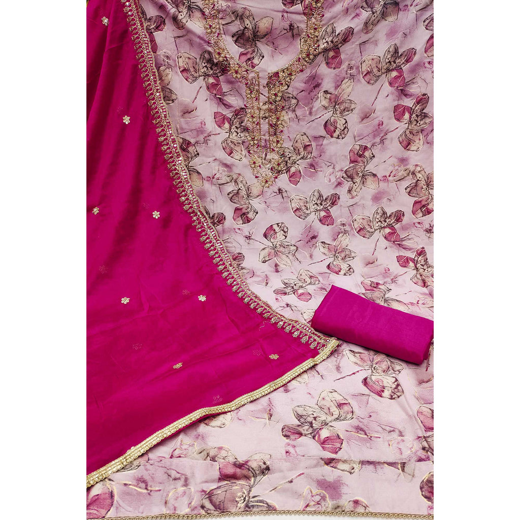 3Pink Floral Printed With Handwork Pure Cotton Dress Material