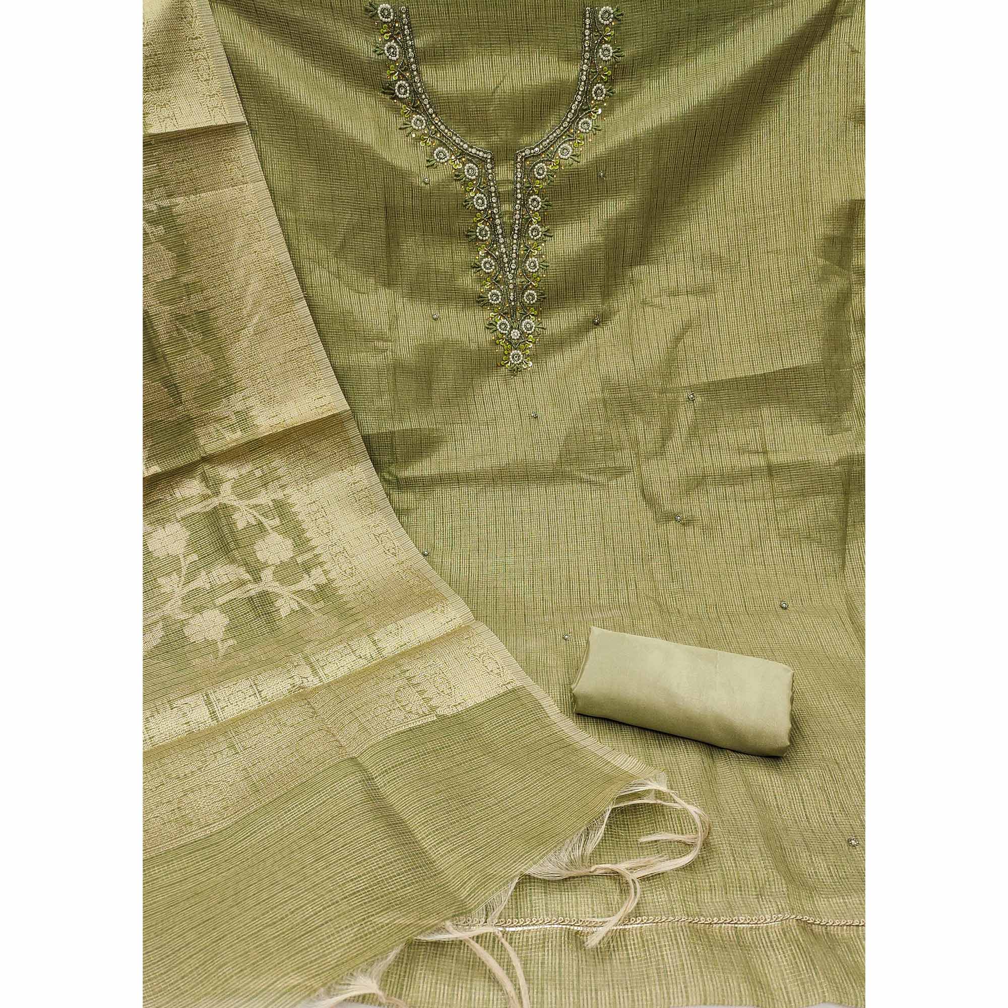Green Woven With Moti Handwork Viscose Dress Material