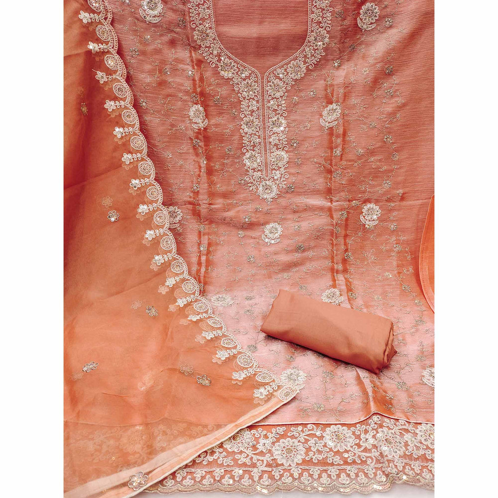 Peach Floral Sequins Embroidered Viscose Golden Crush Dress Material
